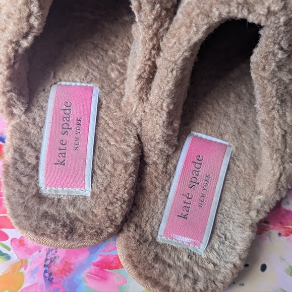 Kate Spade Tan Fuzzy Slippers with Bow - Picture 2 of 4
